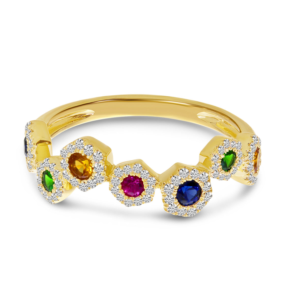 Brevani 14K Yellow Gold Hexagon Zigzag Rainbow Sapphire and Diamond Ring