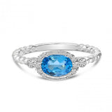 Brevani 14K White Gold Oval Blue Topaz and Diamond Beaded Band Semi Precious Ring