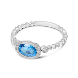 Brevani 14K White Gold Oval Blue Topaz and Diamond Beaded Band Semi Precious Ring