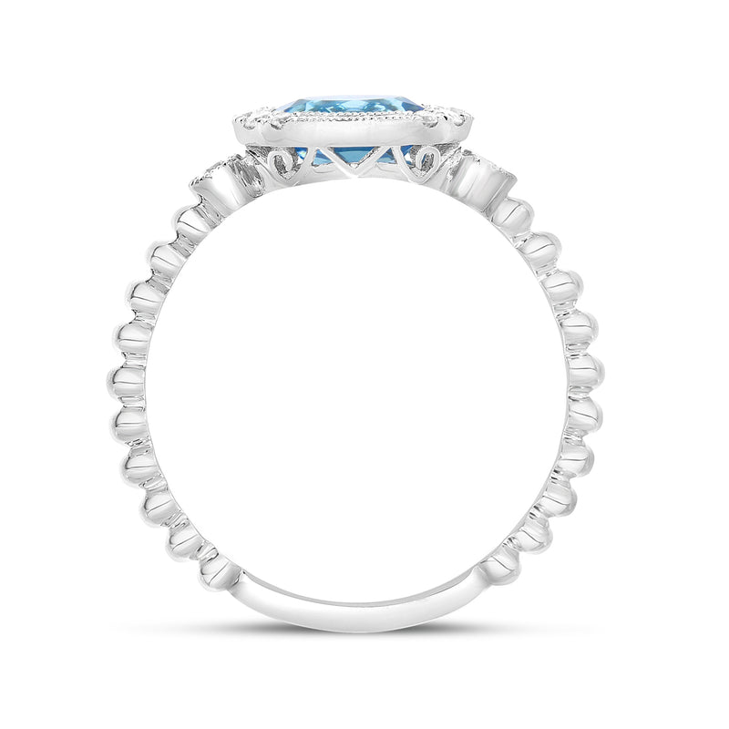 Brevani 14K White Gold Oval Blue Topaz and Diamond Beaded Band Semi Precious Ring