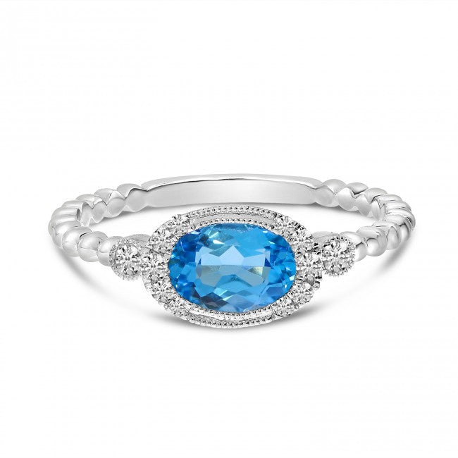 Brevani 14K White Gold Oval Blue Topaz and Diamond Beaded Band Semi Precious Ring