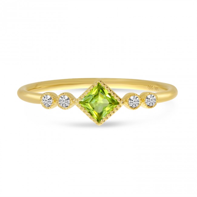 Brevani 14K Yellow Gold Princess Peridot and Diamond Stackable Semi Precious Ring