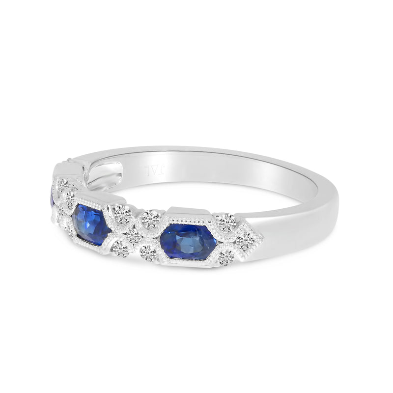 Brevani 14K White Gold Hexagon Sapphire & Diamond Millgrain Ring