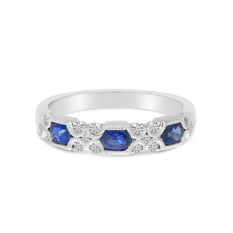 Brevani 14K White Gold Hexagon Sapphire & Diamond Millgrain Ring