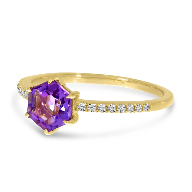 Brevani 14K Yellow Gold Amethyst Semi Hexagon Diamond Band Ring