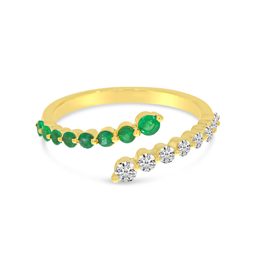 Brevani 14K Yellow Gold Graduated Emerald and Diamond Precious Bypass Ring