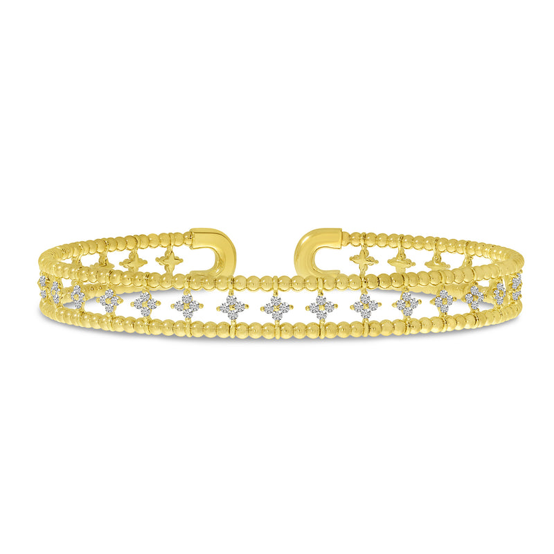 Brevani 14K Yellow Gold Double Row Flower Diamond Flexible Cuff Bracelet