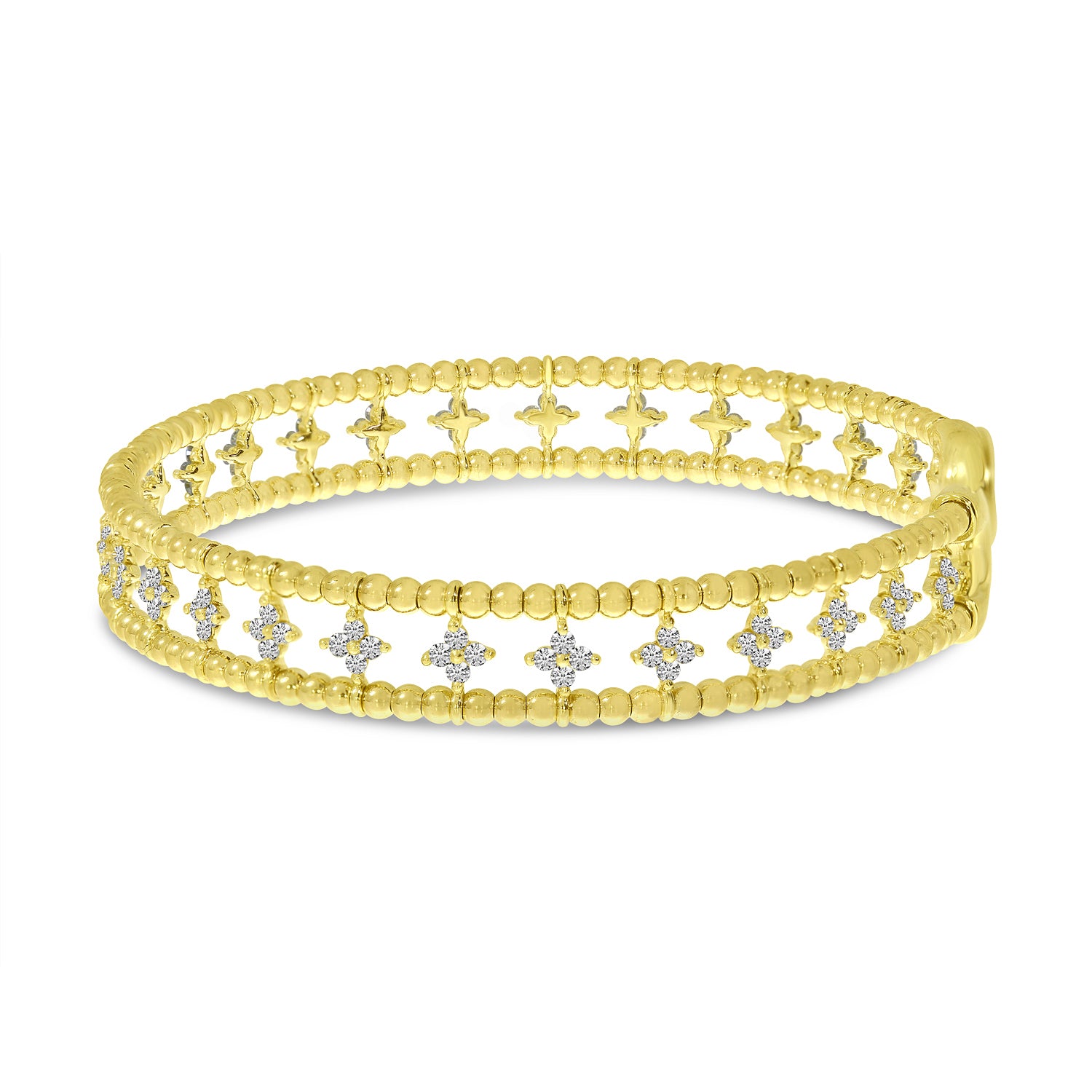 Brevani 14K Yellow Gold Double Row Flower Diamond Flexible Cuff Bracelet