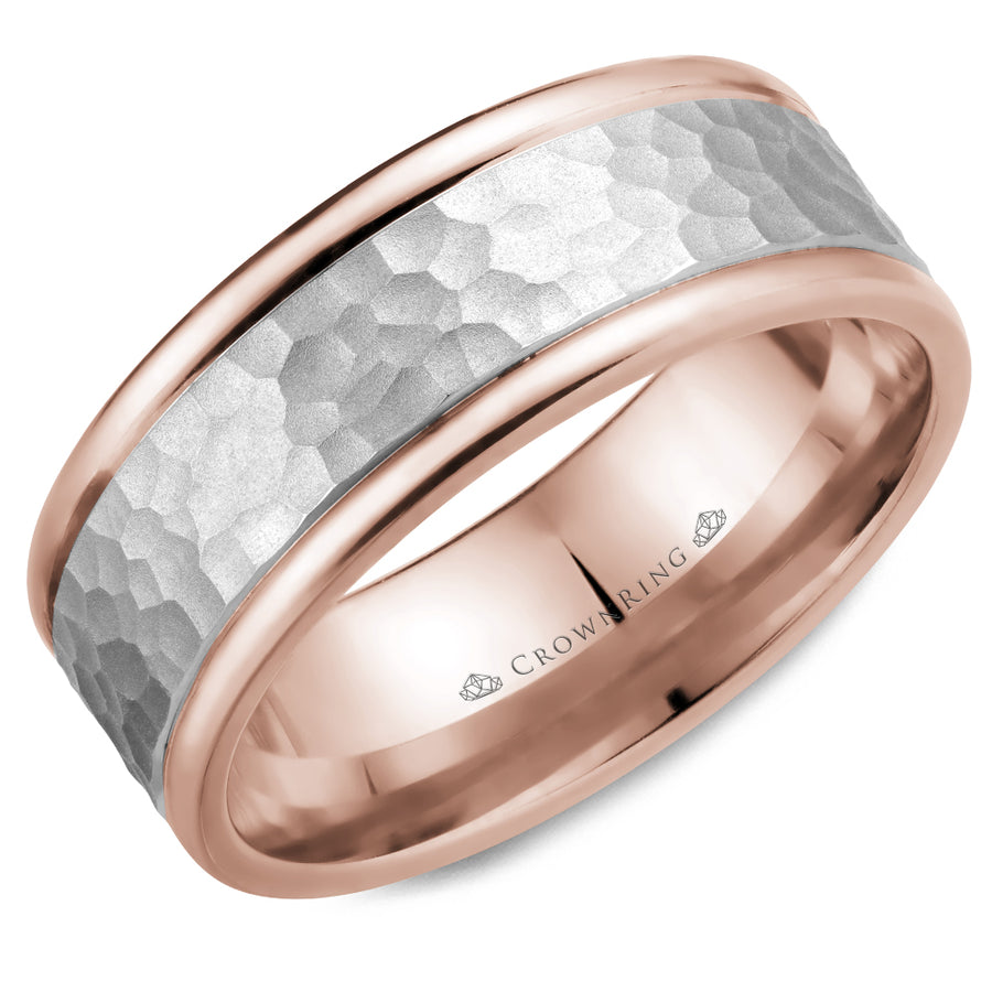 Crownring Wedding Band White and Rose Gold Carved 8.00mm