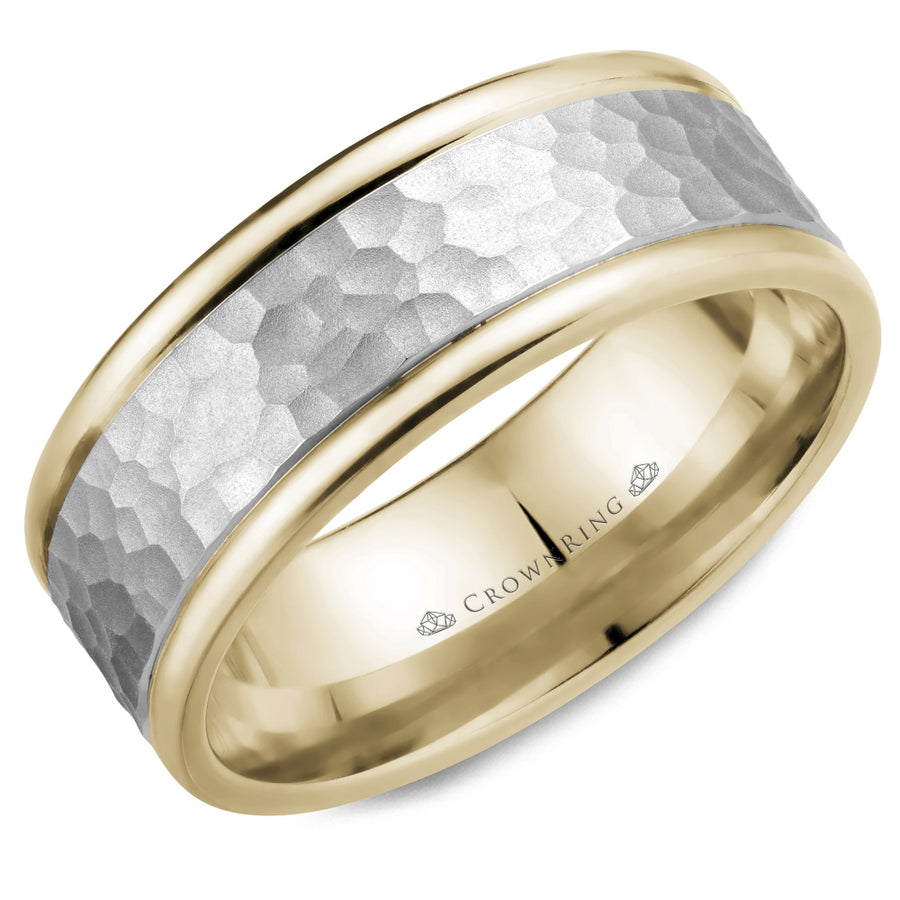 Crownring Wedding Band White and Yellow Gold Carved 8.00mm