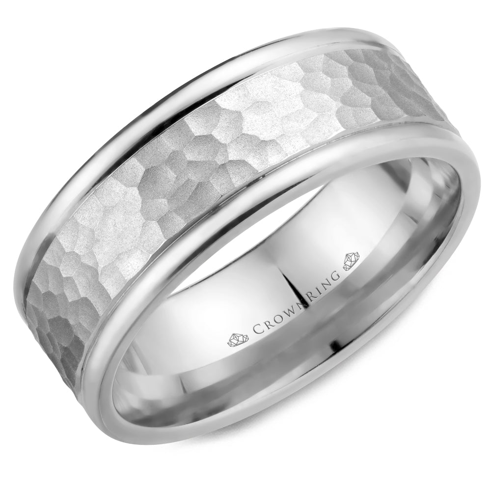 Crownring Wedding Band White Gold Carved 8.00mm