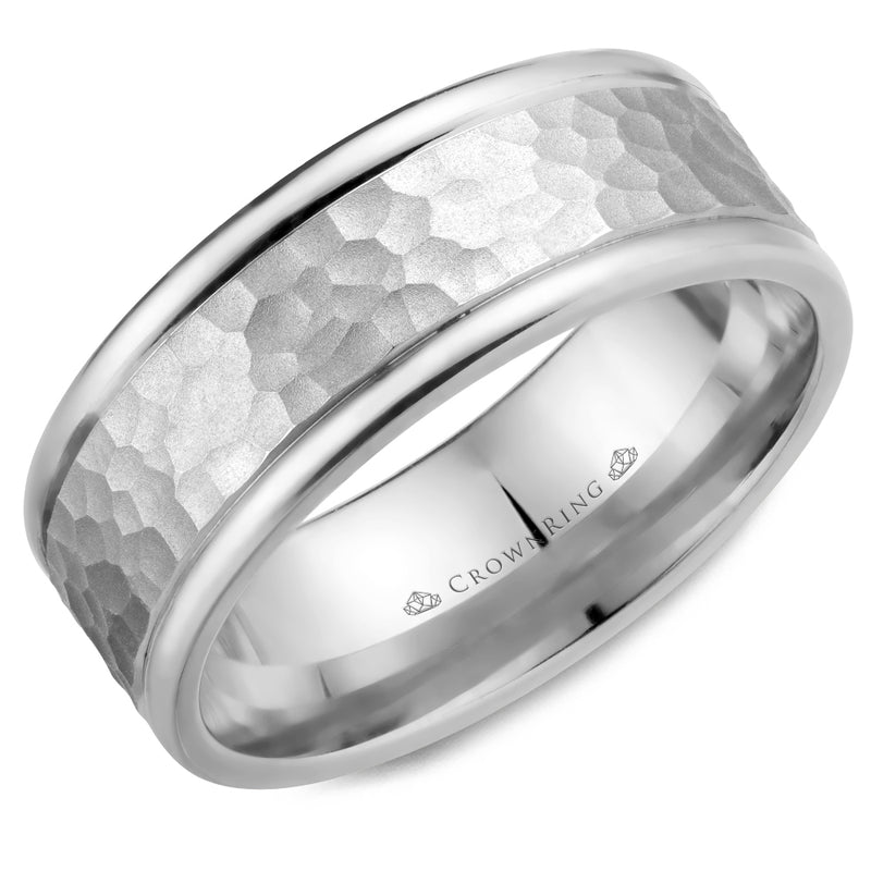 Crownring Wedding Band White Gold Carved 8.00mm