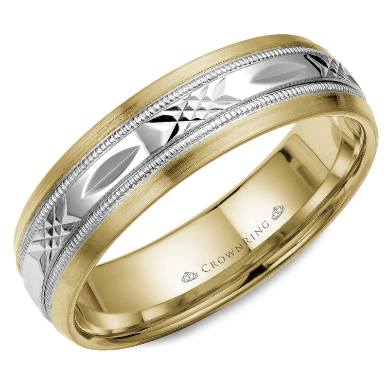 Crownring Wedding Band White and Yellow Gold Carved 6.00mm