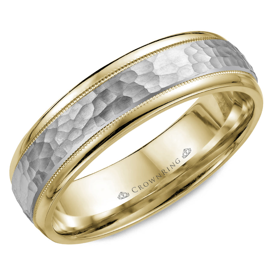 Crownring Wedding Band White and Yellow Gold Carved 6.00mm
