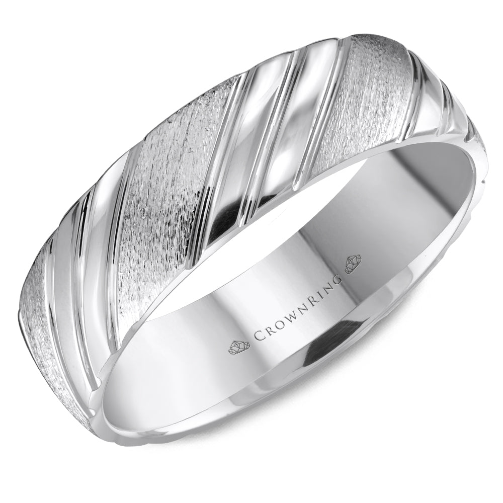 Crownring Wedding Band White Gold Carved 6.00mm