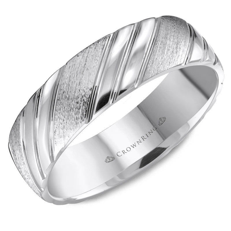 Crownring Wedding Band White Gold Carved 6.00mm