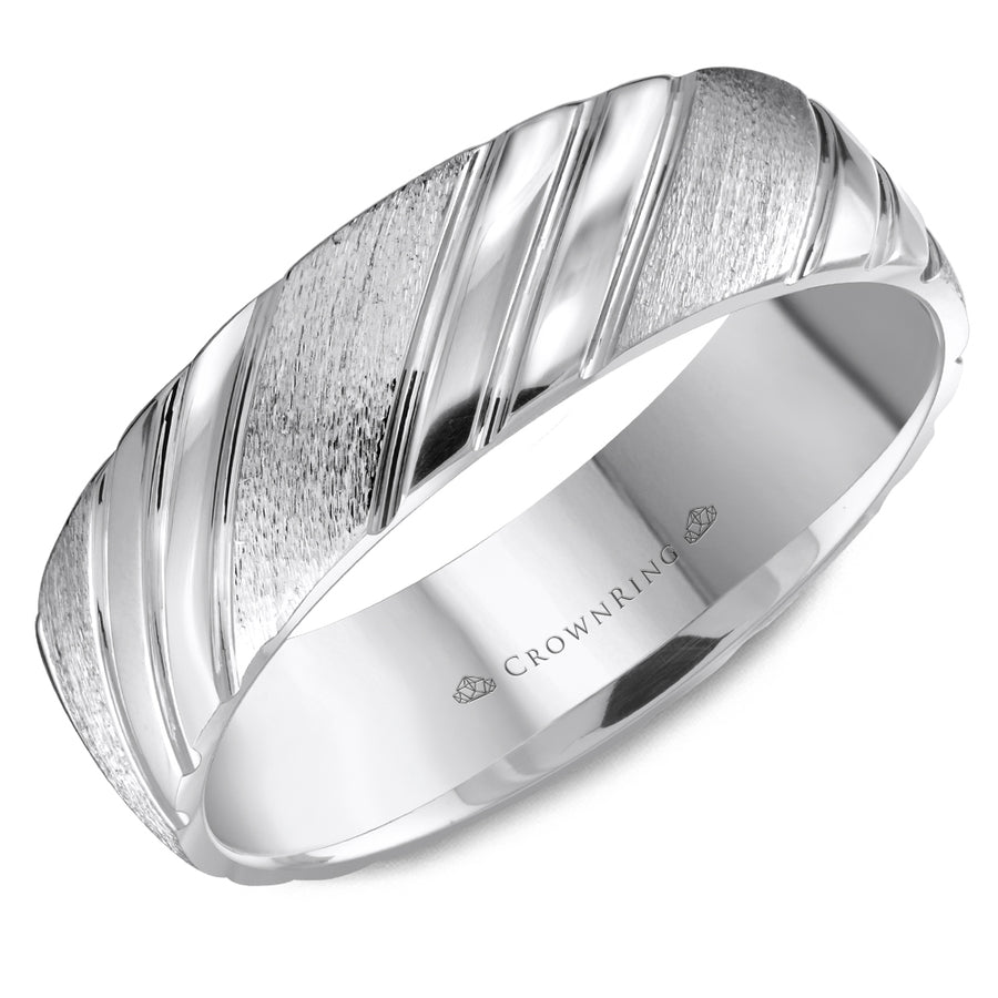Crownring Wedding Band White Gold Carved 6.00mm