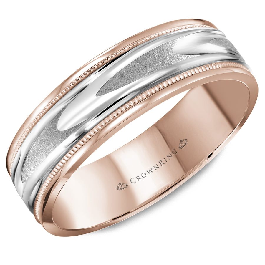 Crownring Wedding Band White and Rose Gold Carved 6.00mm