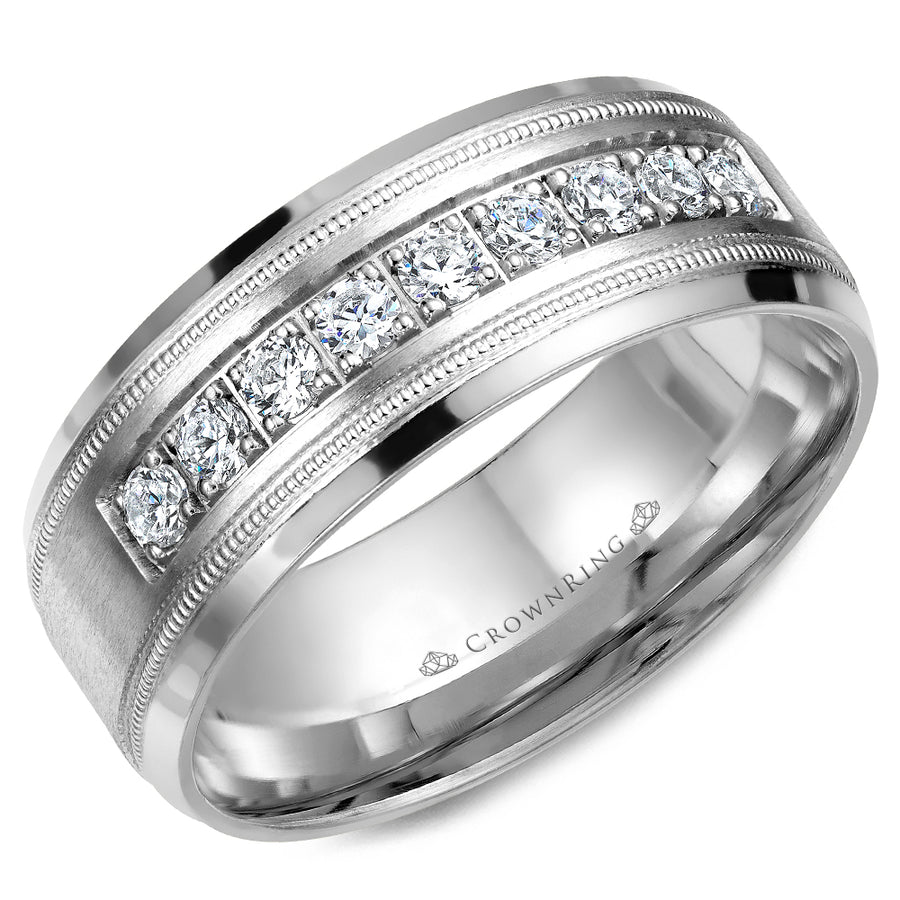 Crownring Wedding Band White Gold With 9 RD, TCW 0.45ct Diamond 8.00mm
