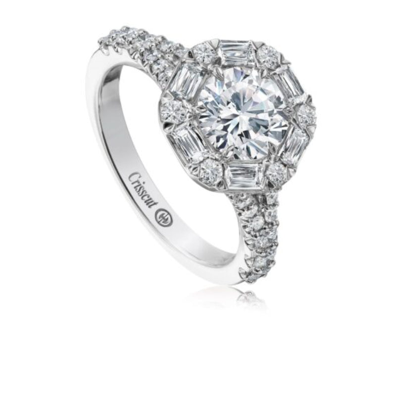 Christopher Designs Unique Baguette and Round Diamond Halo Engagement Ring