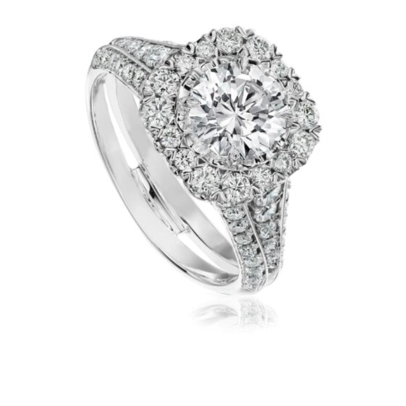 Christopher Designs Classic Round Diamond Halo Engagement Ring Setting with 3 Row Diamond Band