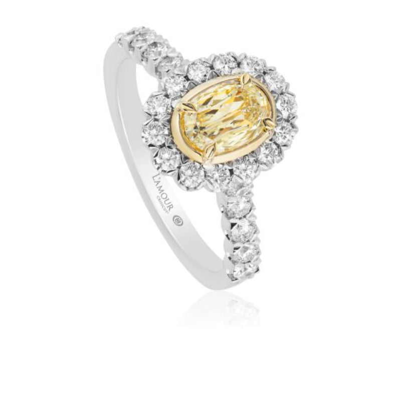 Christopher Designs Simple Yellow Diamond Oval Engagement Ring with Halo and Diamond Band