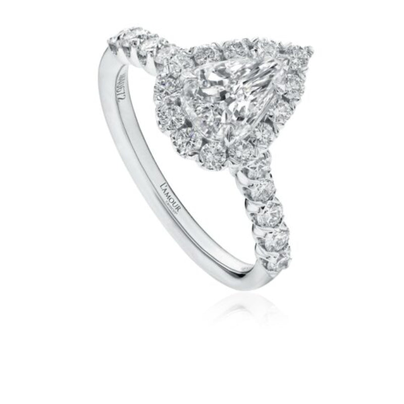 Christopher Designs Classic Pear Shaped Diamond Engagement Ring with Halo in 18K White Gold