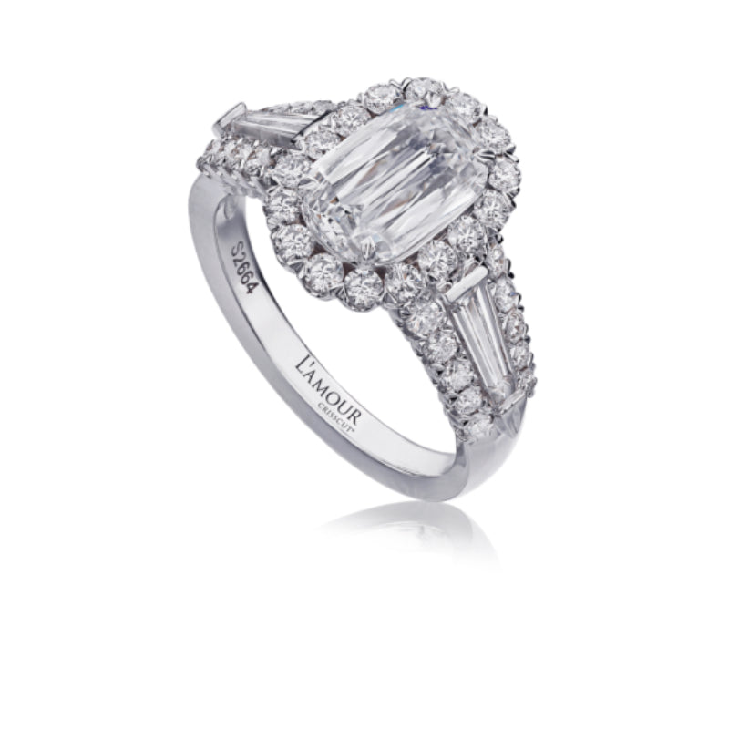 Christopher Designs 18K White Gold Diamond Engagement Ring with Halo and Tapered Baguettes.