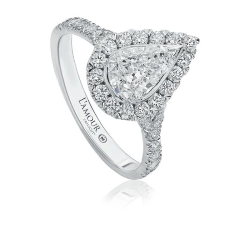 Christopher Designs Pear Shaped Diamond Engagement Ring with Halo and Pave Set Diamond Split Shank