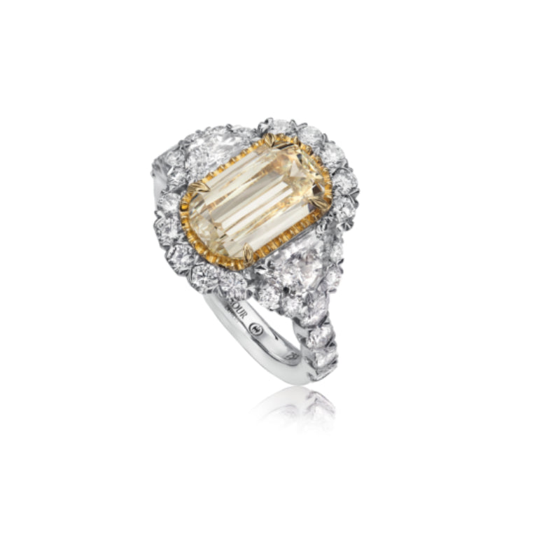 Christopher Designs Yellow Diamond Engagement Ring Set in 18K Yellow and White Gold with Halo and Unique Side Diamonds