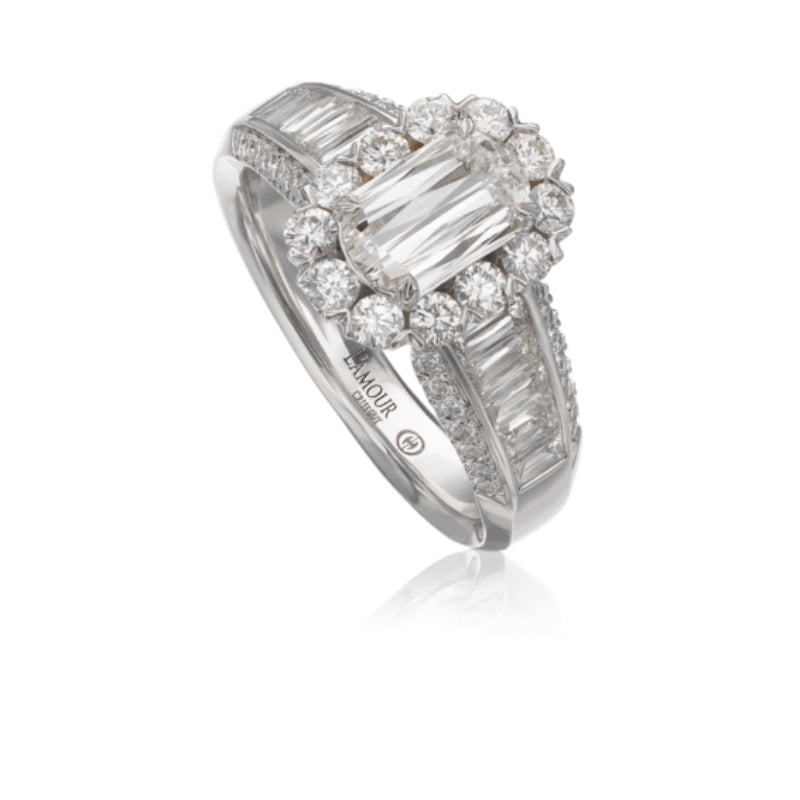 Christopher Designs Timeless Diamond Engagement Ring with Baguette and Round Diamond Setting Set in 18K White Gold
