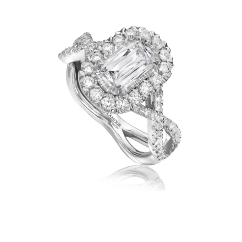 Christopher Designs 18K White Gold Diamond Engagement Ring with Woven Pave Set Band and Halo