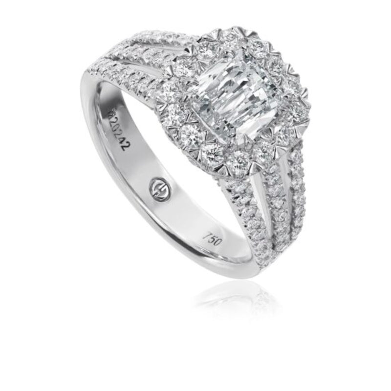 Christopher Designs Halo Engagement Ring with Cushion Cut Diamond and Unique 3 Row Diamond Setting