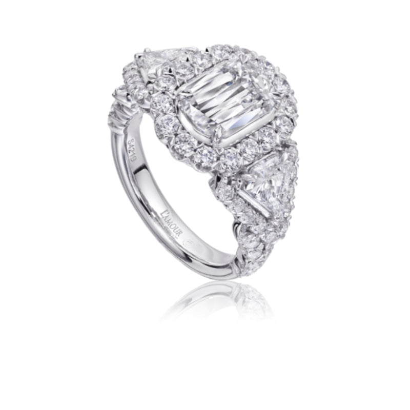 Christopher Designs Unique Diamond and Platinum Engagement Ring with Triangular Shaped Side Diamonds and Pave Setting