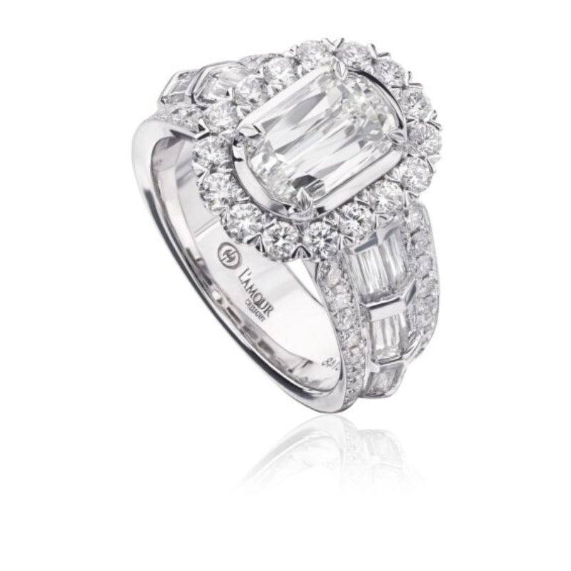 Christopher Designs Elegant Halo Engagement Ring with Baguette and Round Diamond Setting