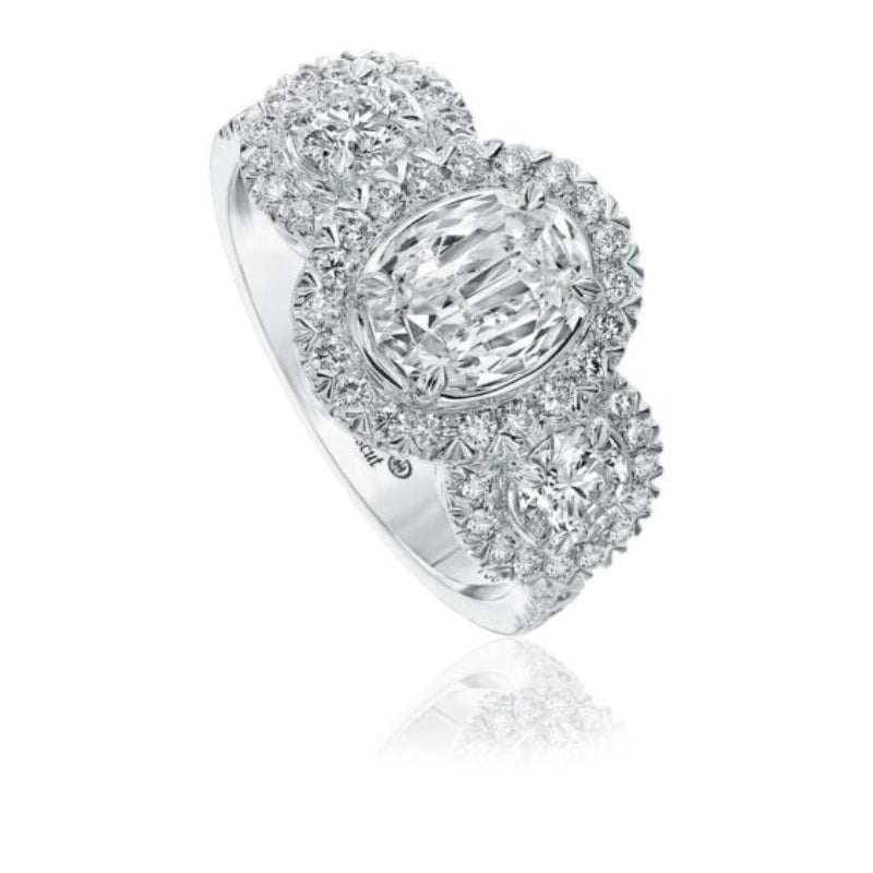 Christopher Designs Oval Cut Engagement Ring with Round Diamond Sides and Halo Design Setting