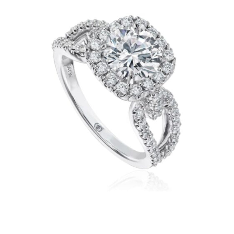 Christopher Designs White Gold Engagement Ring Setting with Halo and Unique Design Round Diamond Band