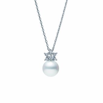 18kt yellow gold Basic Akoya pearl and diamond pendant necklace