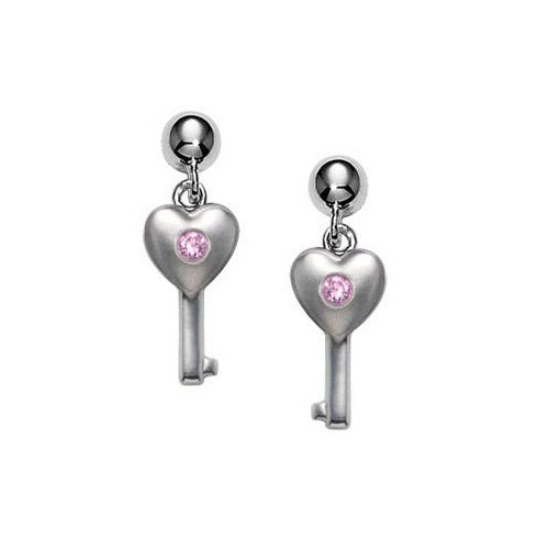 Sterling Silver Pink Sapphire Heart with Key earrings